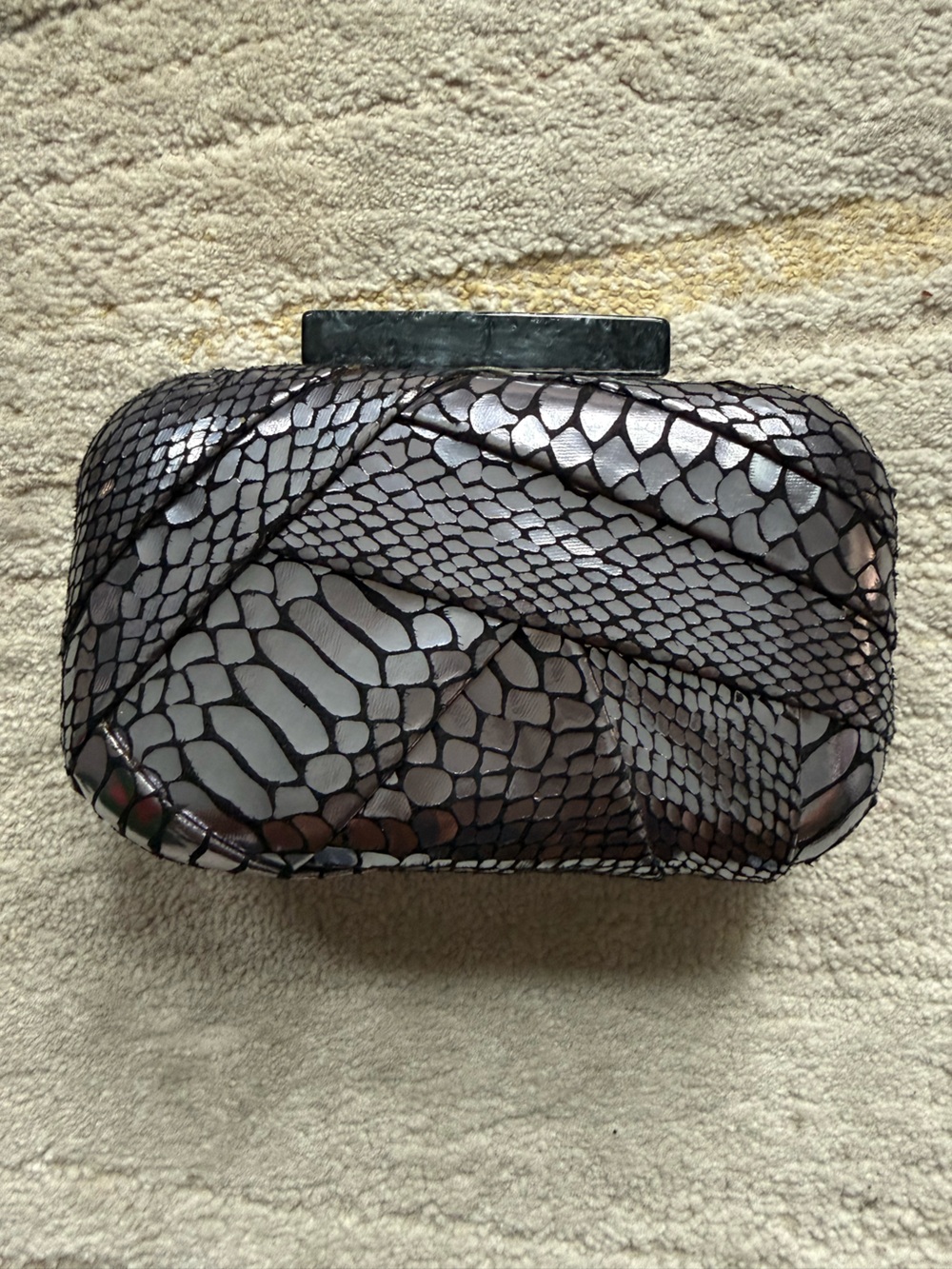 Metallic Silver Snakeskin Print Box Clutch Evening Bag